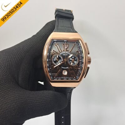 Franck Muller VANGAURD Chronograph Rose Gold Black Dial Black Leather Strap Swiss Watch