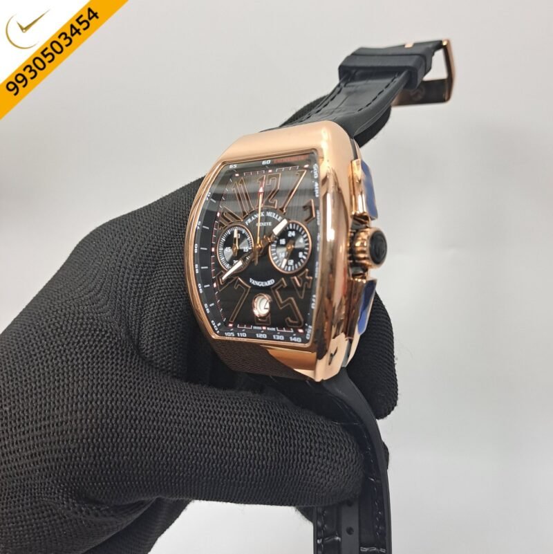 Franck Muller VANGAURD Chronograph Rose Gold Black Dial Black Leather Strap Swiss Watch - Image 2