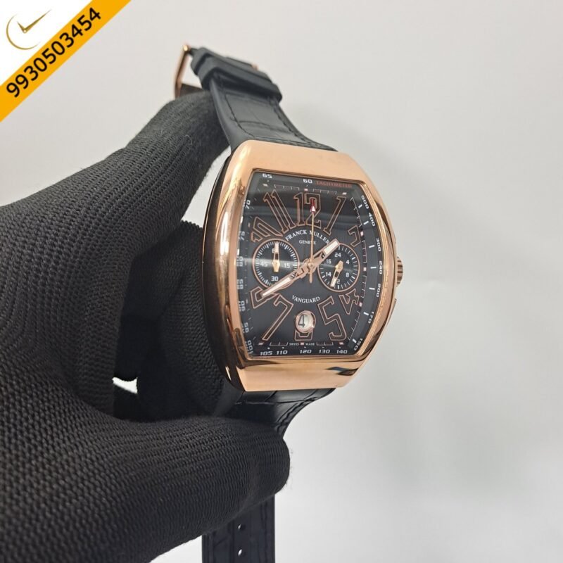 Franck Muller VANGAURD Chronograph Rose Gold Black Dial Black Leather Strap Swiss Watch - Image 3