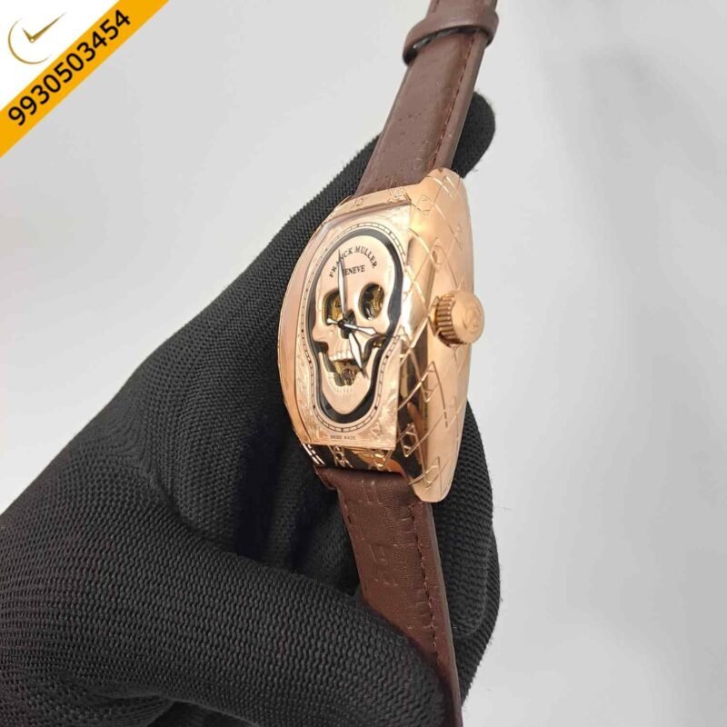 Franck Muller Croco Skull Roase Gold Edition Brown Leather Strap Swiss Automatic Watch - Image 2