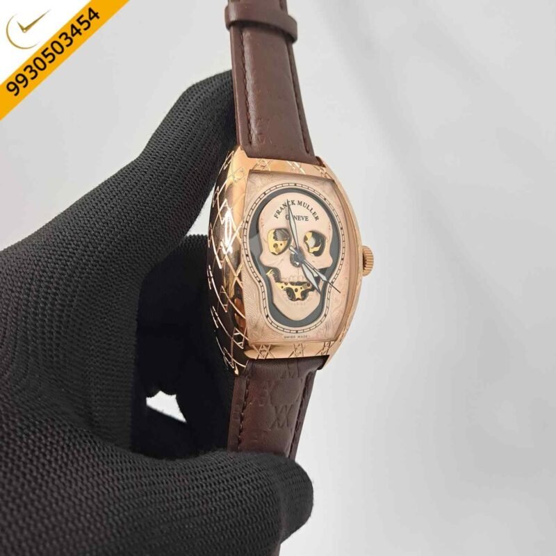 Franck Muller Croco Skull Roase Gold Edition Brown Leather Strap Swiss Automatic Watch - Image 3