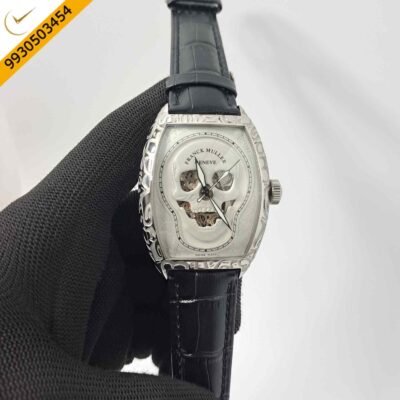 Franck Muller Croco Skull Silver White Edition Black Leather Strap Swiss Automatic Watch