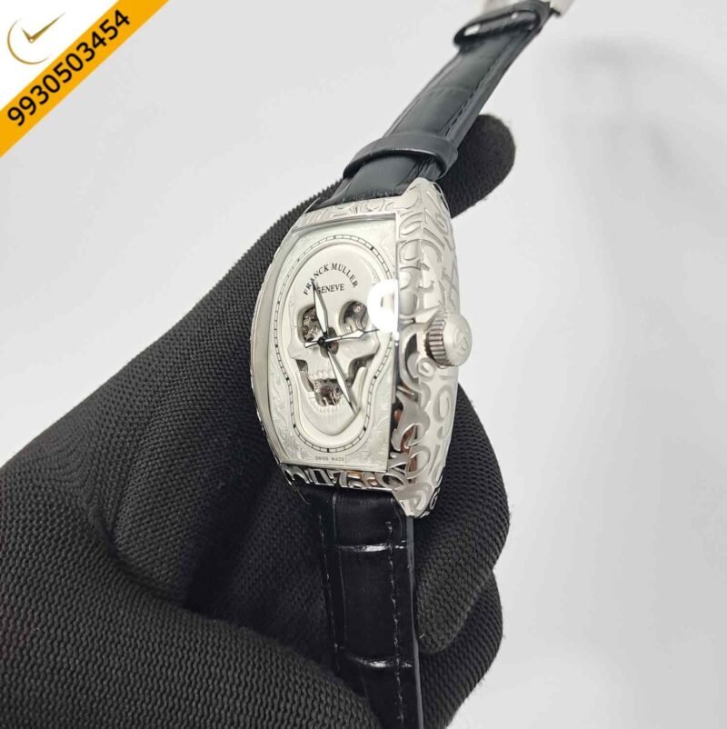 Franck Muller Croco Skull Silver White Edition Black Leather Strap Swiss Automatic Watch - Image 2