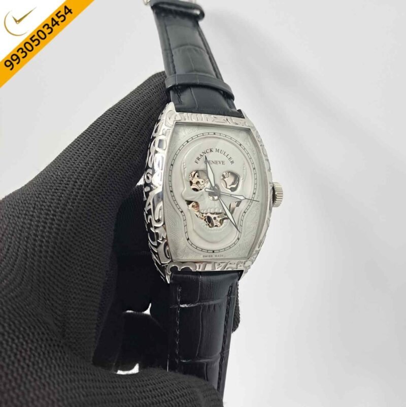 Franck Muller Croco Skull Silver White Edition Black Leather Strap Swiss Automatic Watch - Image 3