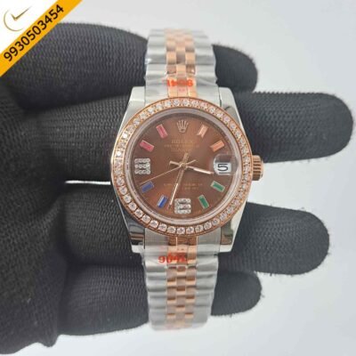 Rolex Date-Just Dual Tone Brown 6 & 9 Diamond Dial Diamond Bazel Swiss Automatic Watch