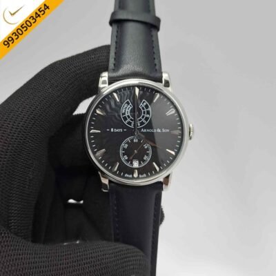 ARNOLD & SON Eight-Day Steel Blue Dial Black Leather Swiss Automatic Watch