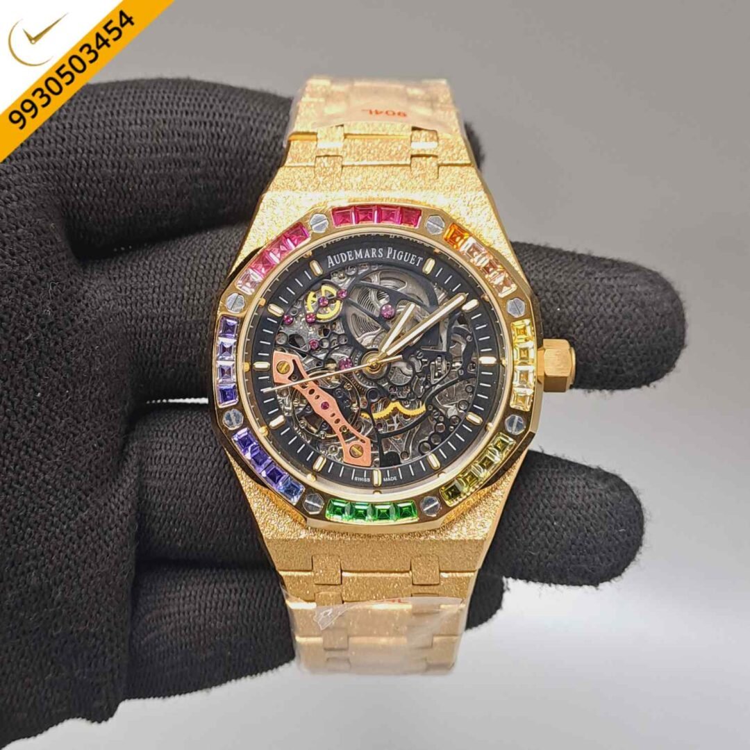Audemars Piguet Royal Oak Full Golden Black Skeleton Dial Dimond Bezel Swiss Automatic Watch