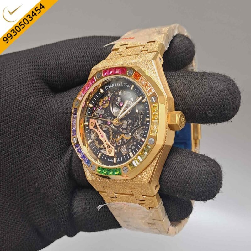 Audemars Piguet Royal Oak Full Golden Black Skeleton Dial Dimond Bezel Swiss Automatic Watch - Image 2