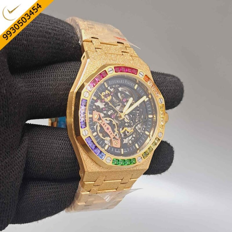 Audemars Piguet Royal Oak Full Golden Black Skeleton Dial Dimond Bezel Swiss Automatic Watch - Image 3