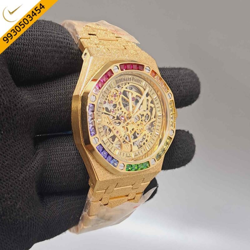 Audemars Piguet Royal Oak Full Golden Skeleton Dial Dimond Bezel Swiss Automatic Watch - Image 3