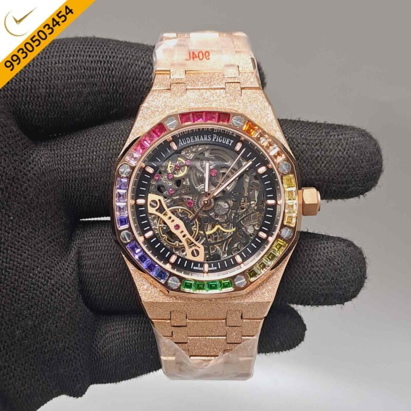 Audemars Piguet Royal Oak Full Rose Gold Black Skeleton Dial Dimond Bezel Swiss Automatic Watch