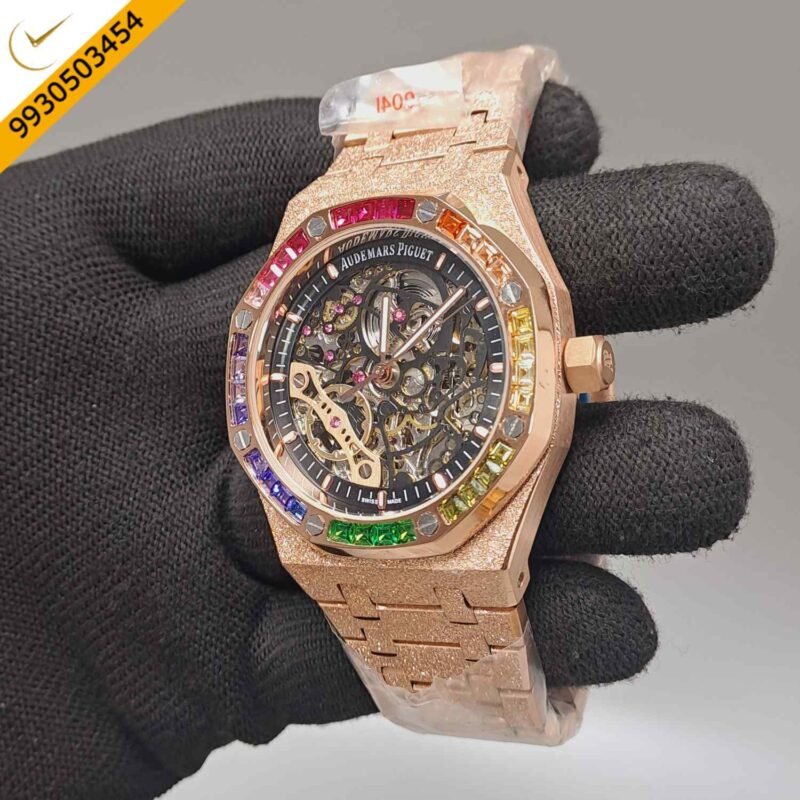 Audemars Piguet Royal Oak Full Rose Gold Black Skeleton Dial Dimond Bezel Swiss Automatic Watch - Image 2