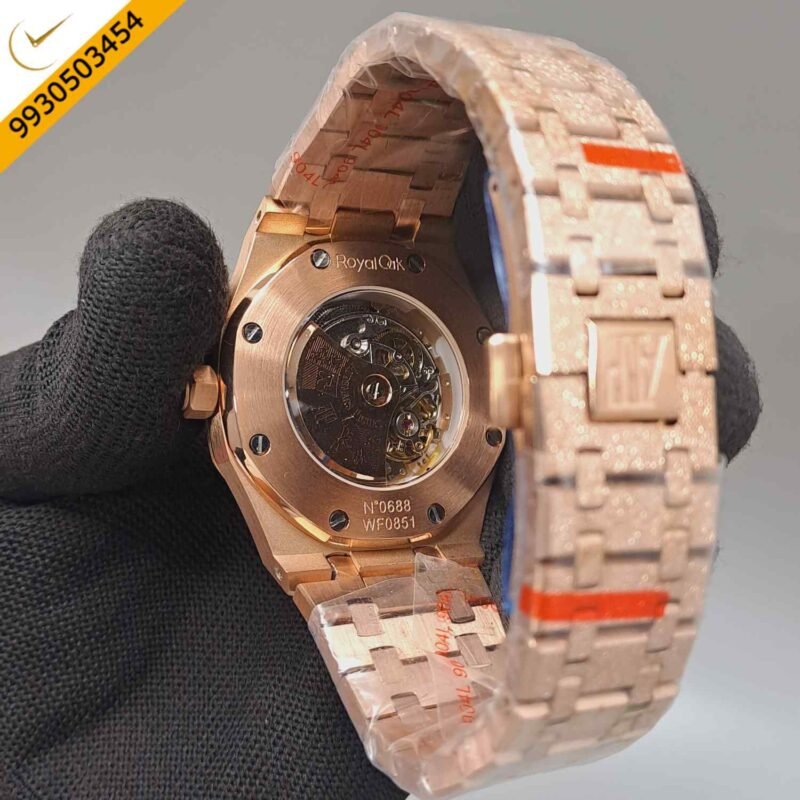 Audemars Piguet Royal Oak Full Rose Gold Black Skeleton Dial Dimond Bezel Swiss Automatic Watch - Image 3