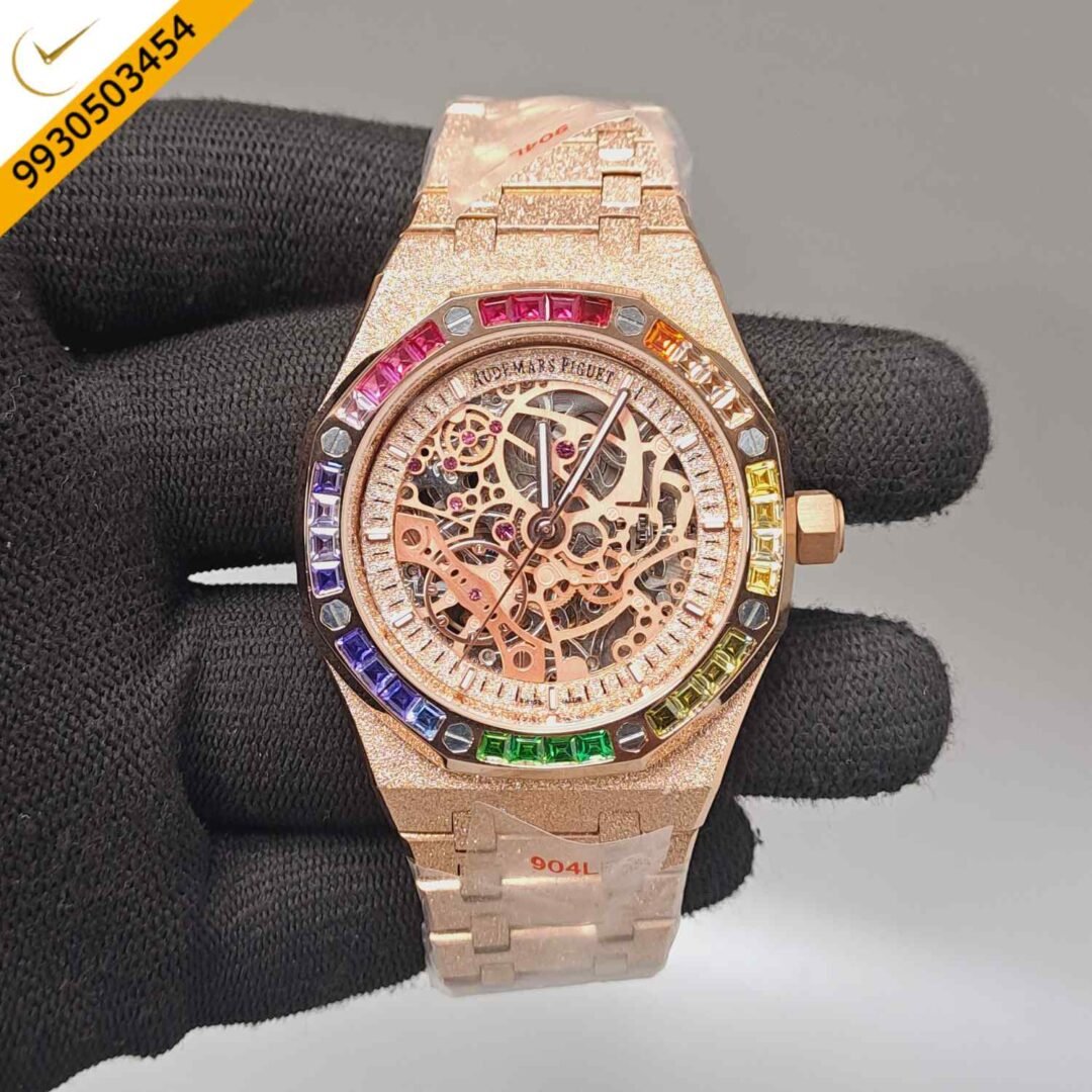 Audemars Piguet Royal Oak Full Rose Gold Skeleton Dial Dimond Bezel Swiss Automatic Watch