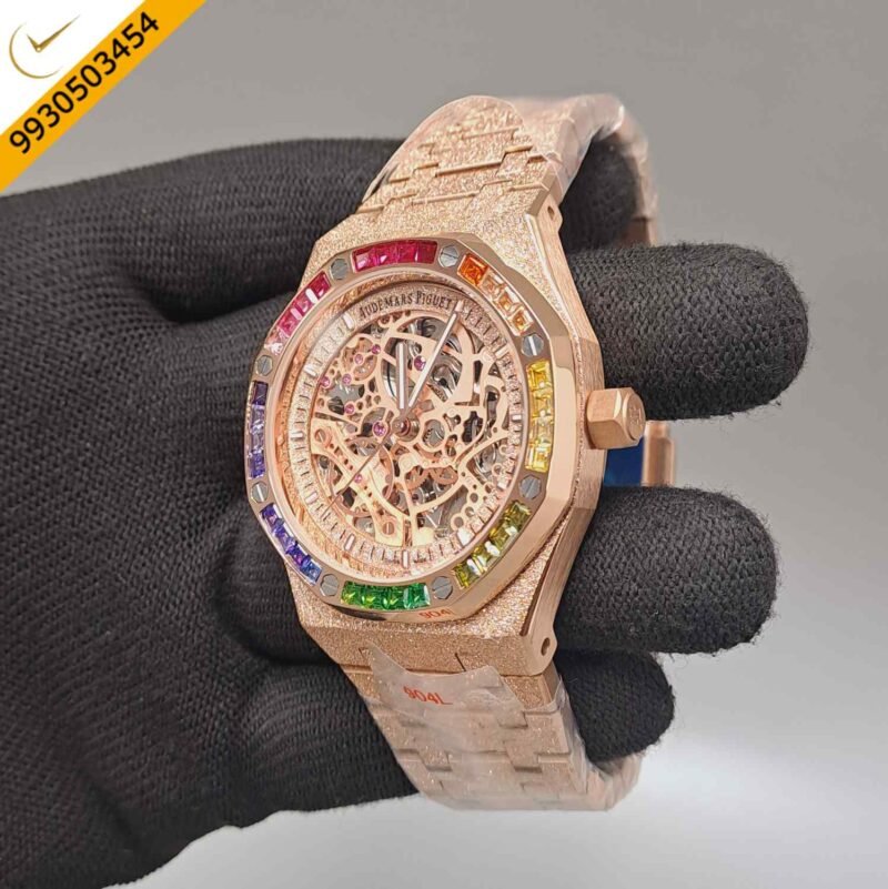 Audemars Piguet Royal Oak Full Rose Gold Skeleton Dial Dimond Bezel Swiss Automatic Watch - Image 2