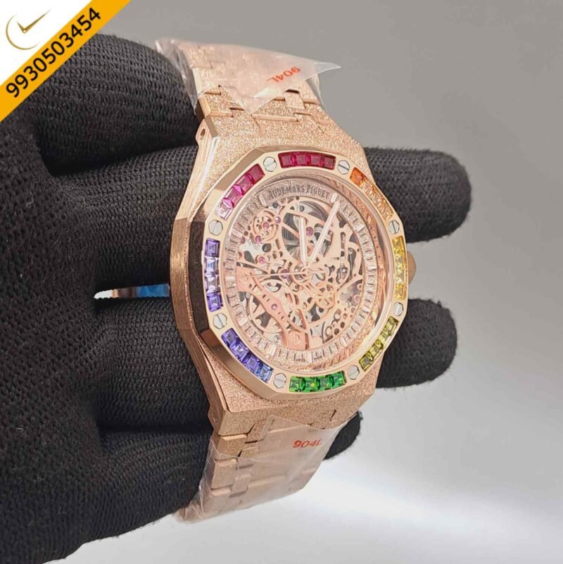 Audemars Piguet Royal Oak Full Rose Gold Skeleton Dial Dimond Bezel Swiss Automatic Watch - Image 3