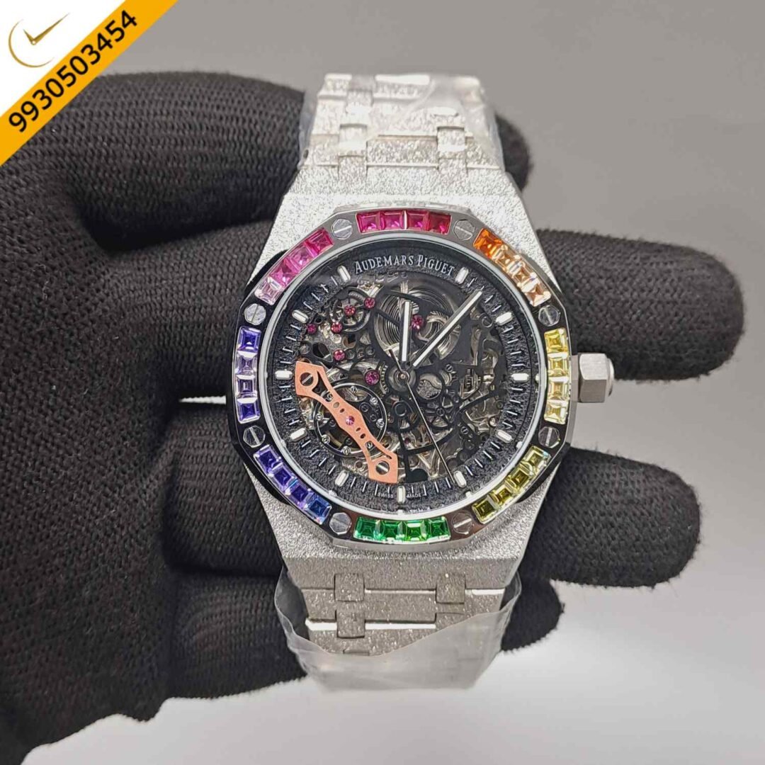 Audemars Piguet Royal Oak Full Silver Black Skeleton Dial Dimond Bezel Swiss Automatic Watch