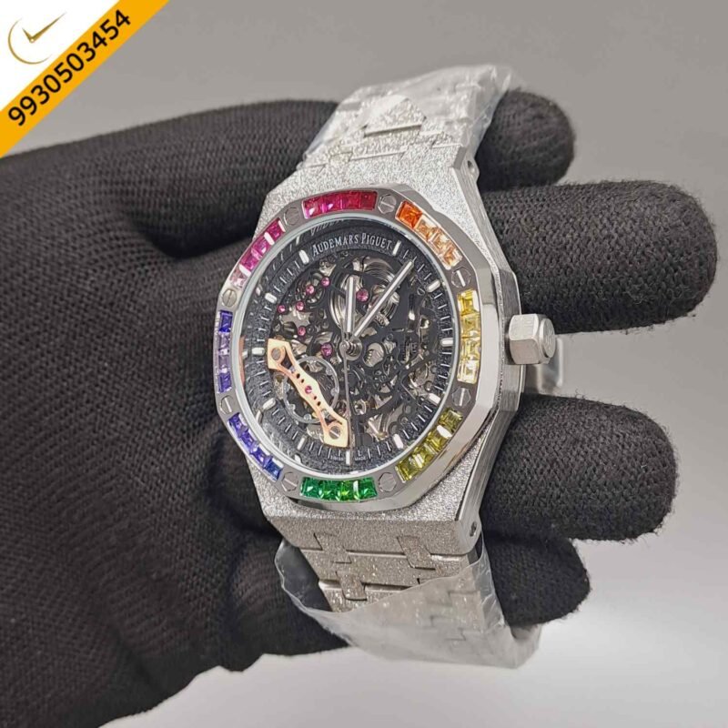 Audemars Piguet Royal Oak Full Silver Black Skeleton Dial Dimond Bezel Swiss Automatic Watch - Image 2