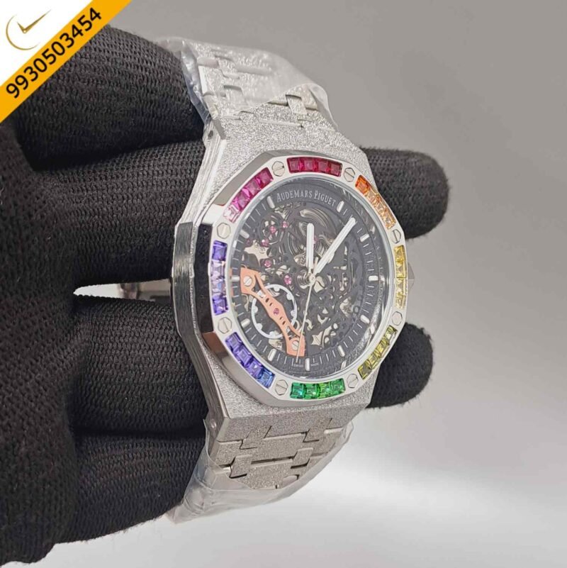 Audemars Piguet Royal Oak Full Silver Black Skeleton Dial Dimond Bezel Swiss Automatic Watch - Image 3