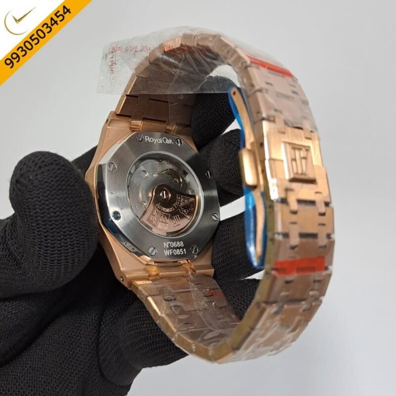 Audemars Piguet Royal Oak RG Diamond Blue Dial Polished Rose Gold Strap Swiss Automatic Watch - Image 4