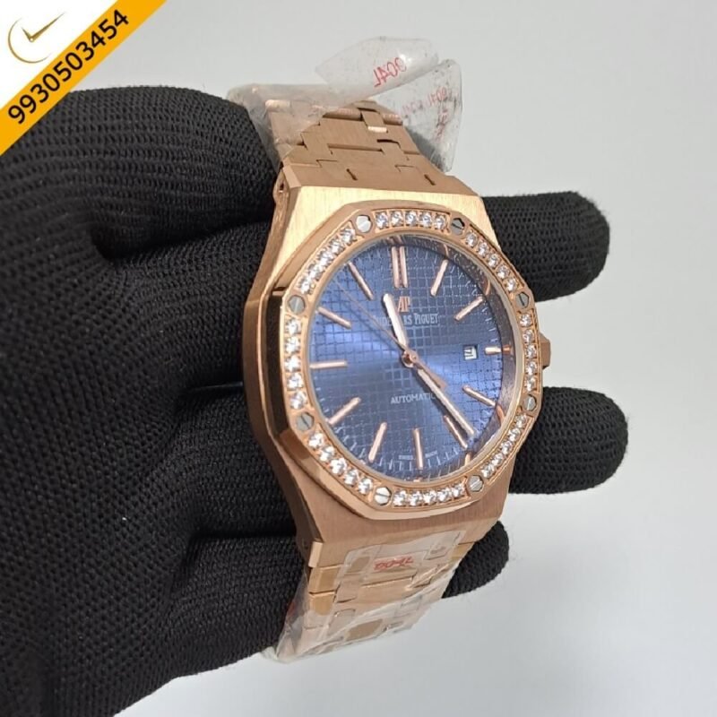 Audemars Piguet Royal Oak RG Diamond Blue Dial Polished Rose Gold Strap Swiss Automatic Watch - Image 3
