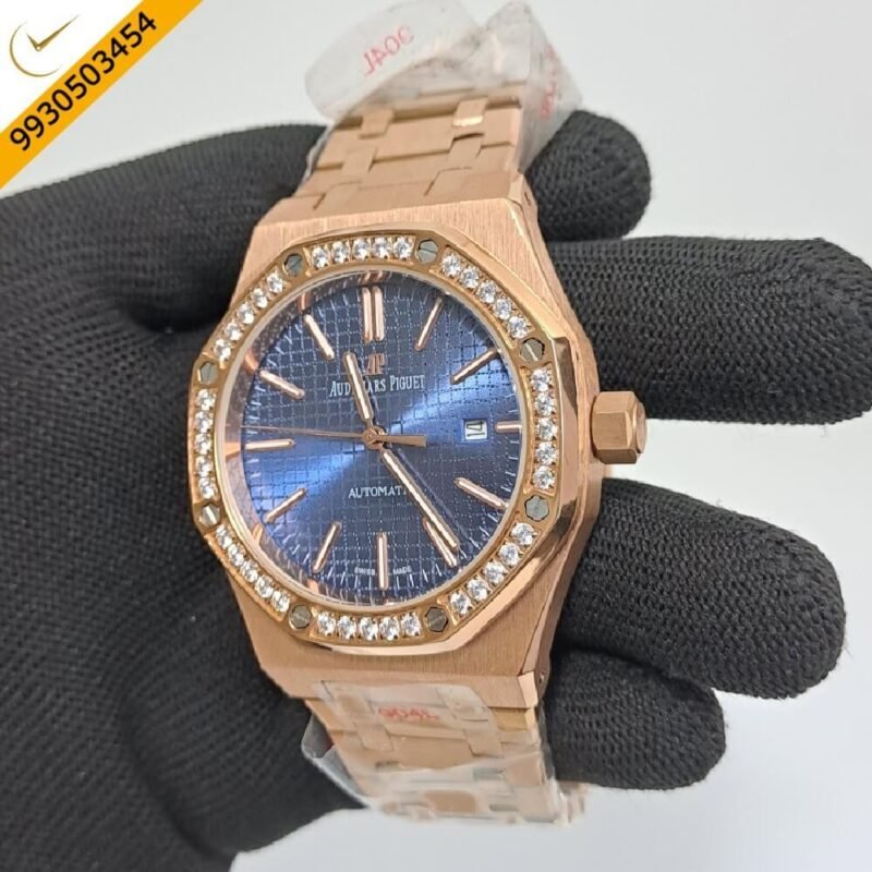 Audemars Piguet Royal Oak RG Diamond Blue Dial Polished Rose Gold Strap Swiss Automatic Watch - Image 2