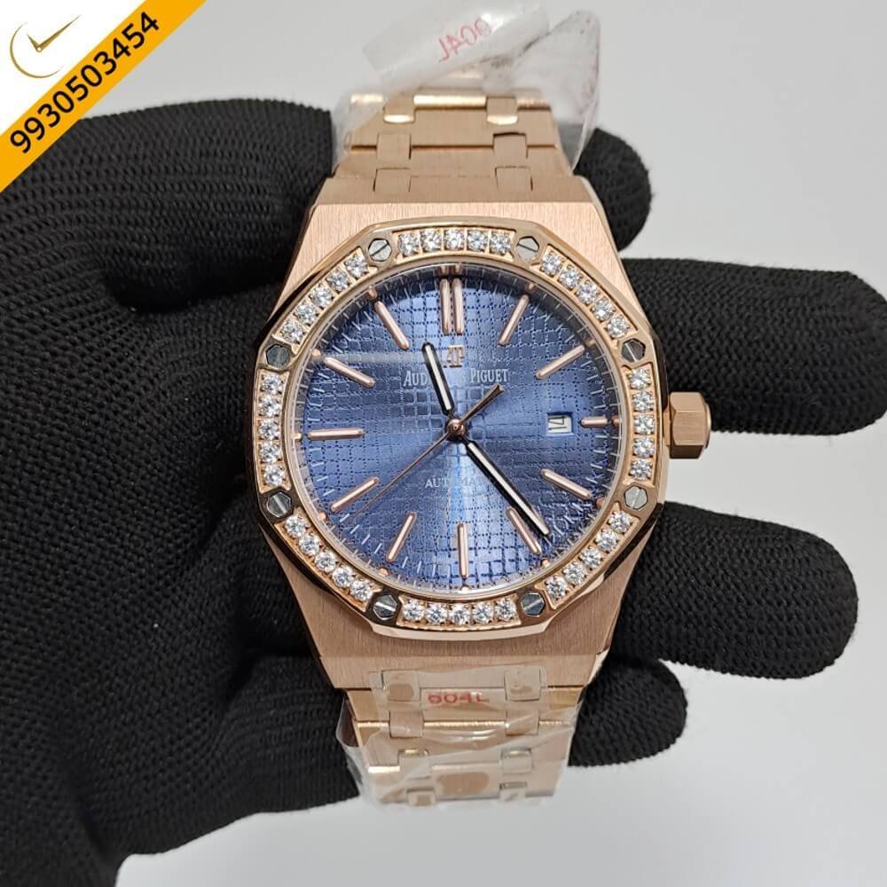Audemars Piguet Royal Oak RG Diamond Blue Dial Polished Rose Gold Strap Swiss Automatic Watch