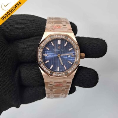 Audemars Piguet Royal Oak Rose Rose Gold Diamond Bazel Blue Dial Swiss Watch