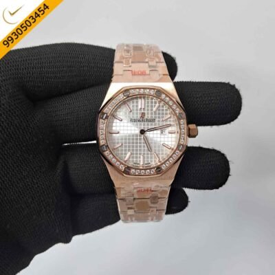 Audemars Piguet Royal Oak Rose Rose Gold Diamond Bazel Silver Dial Swiss Watch