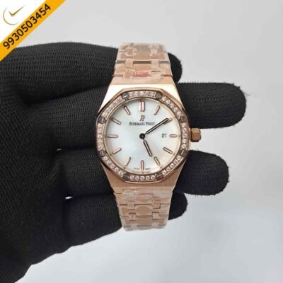 Audemars Piguet Royal Oak Rose Rose Gold Diamond Bazel White Dial Swiss Watch