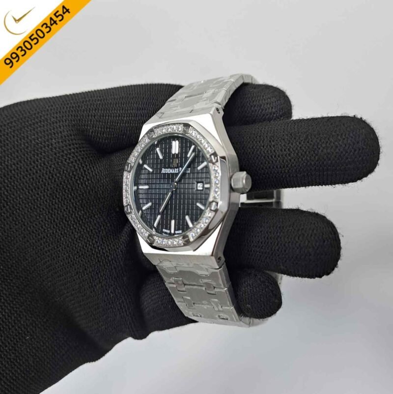 Audemars Piguet Royal Oak Silver Diamond Bazel Black Dial Swiss Watch - Image 2