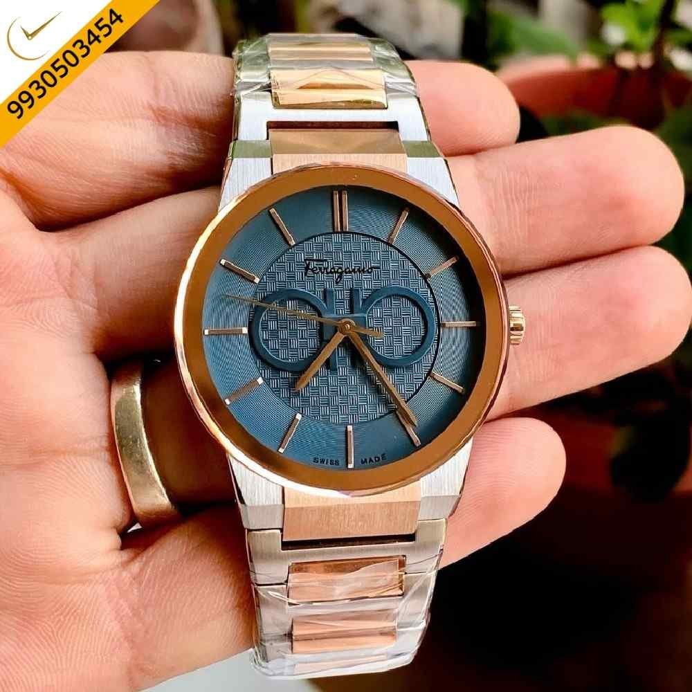 Ferragamo Sapphire Chronograph Dual Tone Rose Gold Blue Dial Swiss Watch
