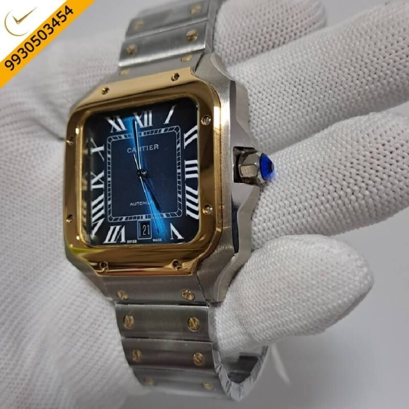 Cartier Santos 100 Gold Dual Tone Blue Dial Swiss Automatic Watch - Image 3