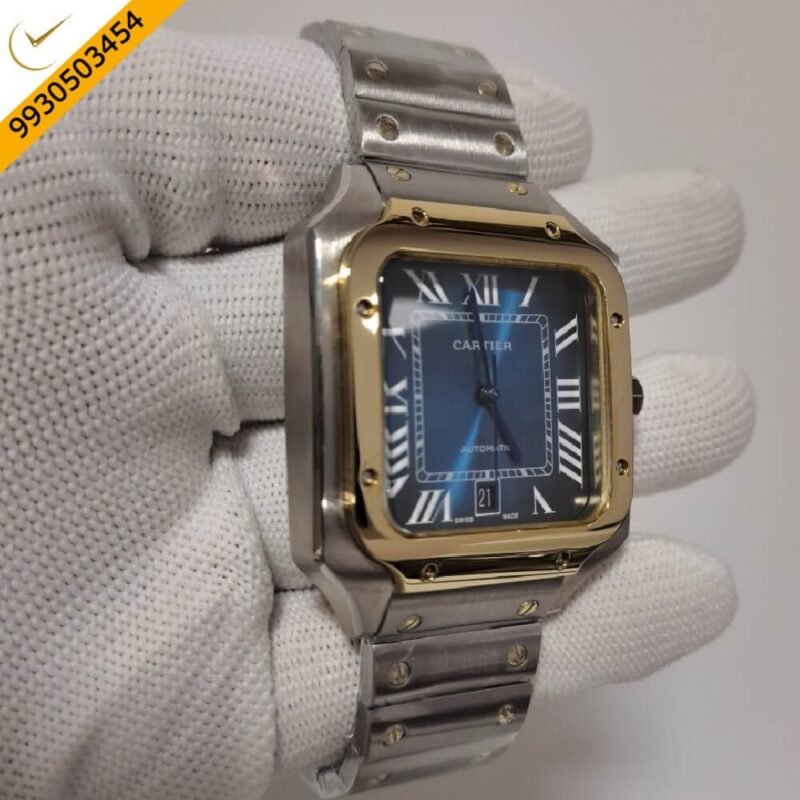 Cartier Santos 100 Gold Dual Tone Blue Dial Swiss Automatic Watch - Image 2
