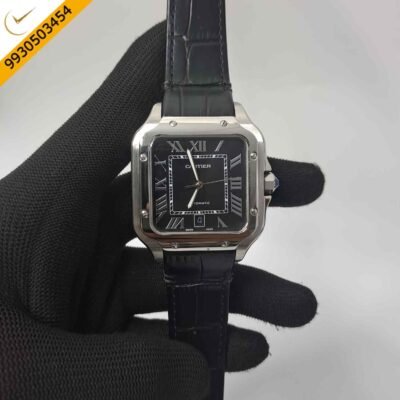 Cartier Santos De Silver Black Dial Black Leather Strap Swiss Automatic Watch