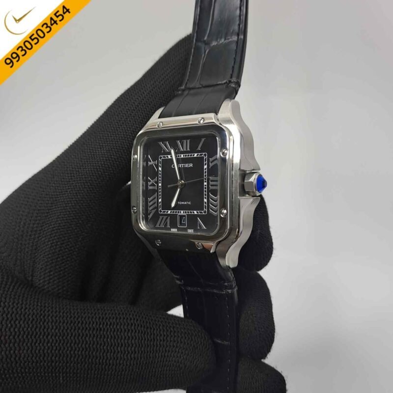 Cartier Santos De Silver Black Dial Black Leather Strap Swiss Automatic Watch - Image 3