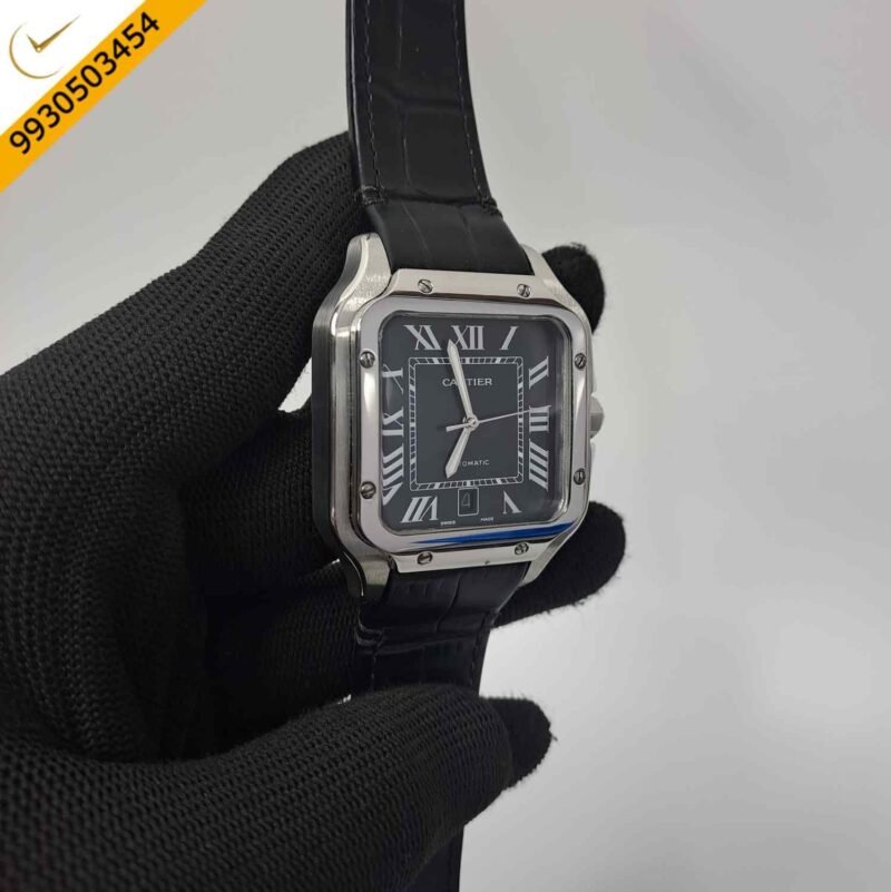 Cartier Santos De Silver Black Dial Black Leather Strap Swiss Automatic Watch - Image 2