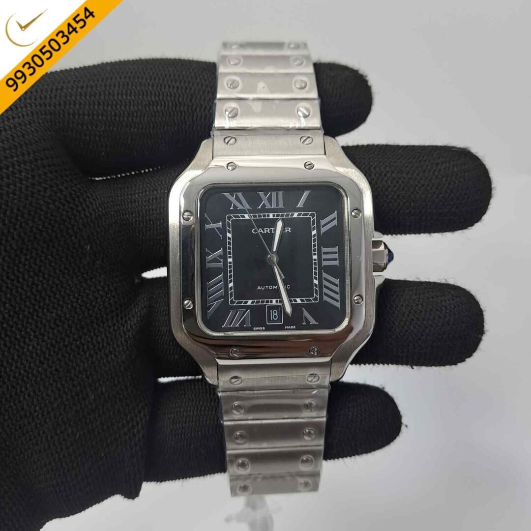 Cartier Santos De Silver Black Dial Swiss Automatic Watch