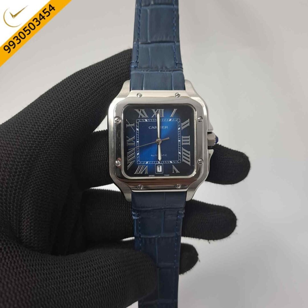 Cartier Santos De Silver Blue Dial Blue Leather Strap Swiss Automatic Watch
