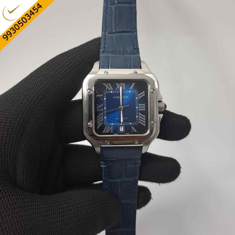 Cartier Santos De Silver Blue Dial Blue Leather Strap Swiss Automatic Watch