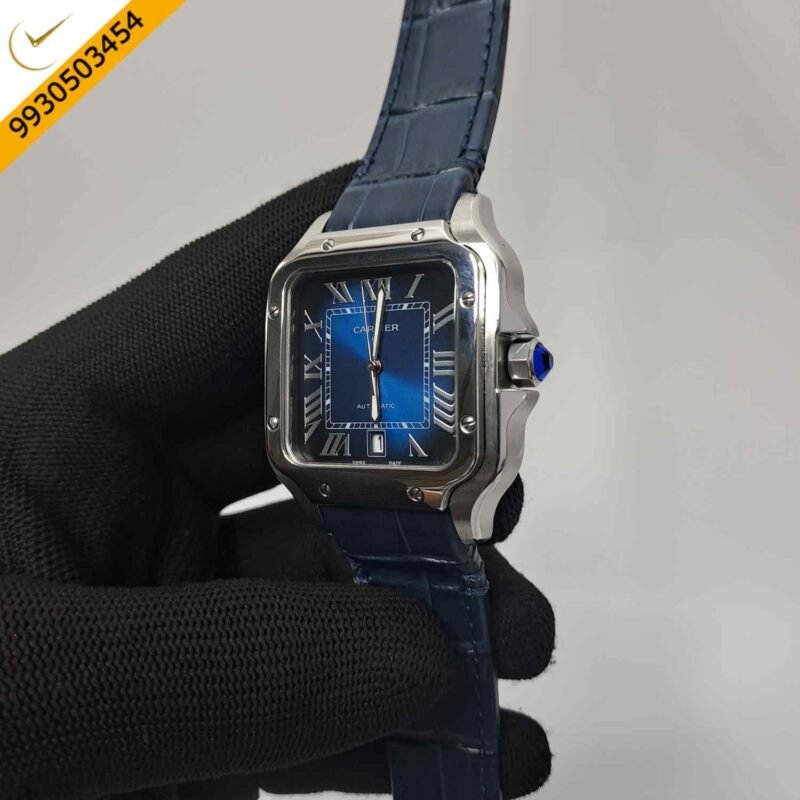 Cartier Santos De Silver Blue Dial Blue Leather Strap Swiss Automatic Watch - Image 3