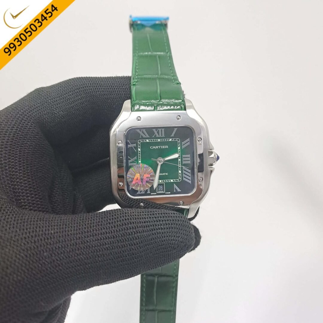Cartier Santos De Silver Green Dial Green Leather Strap Swiss Automatic Watch