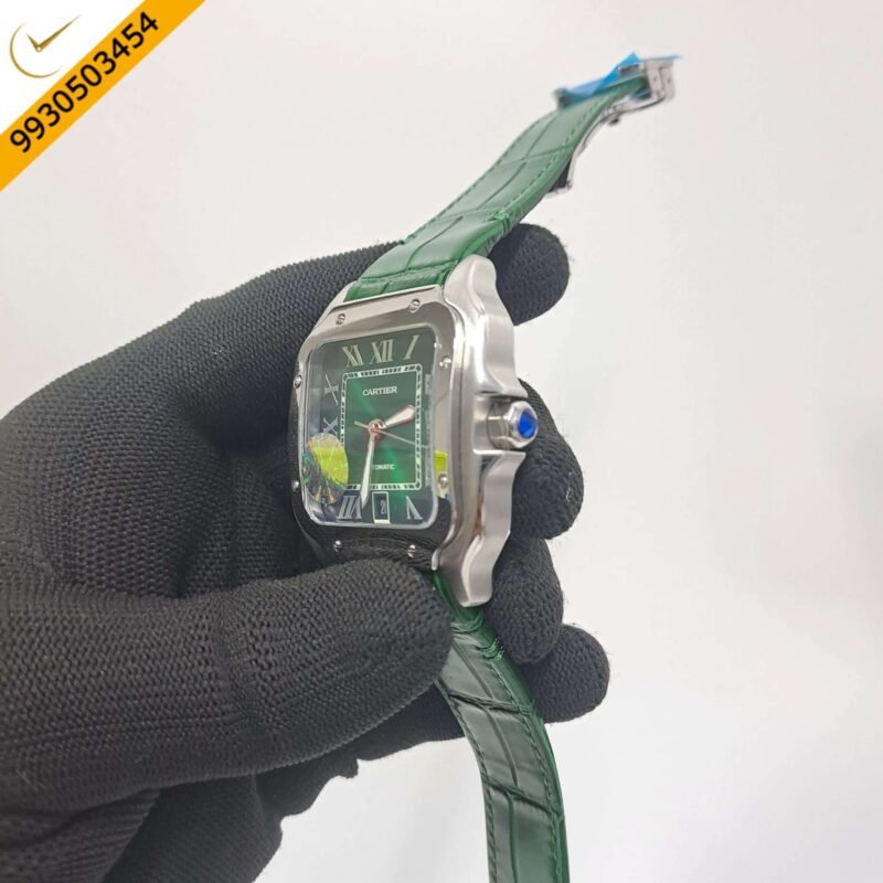 Cartier Santos De Silver Green Dial Green Leather Strap Swiss Automatic Watch - Image 2