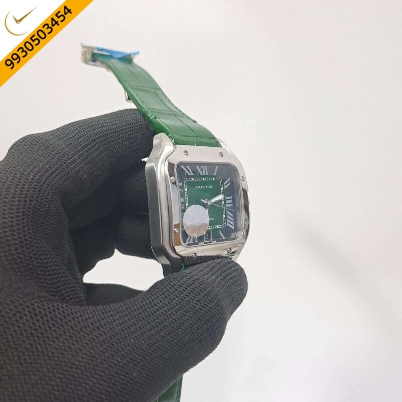 Cartier Santos De Silver Green Dial Green Leather Strap Swiss Automatic Watch - Image 3