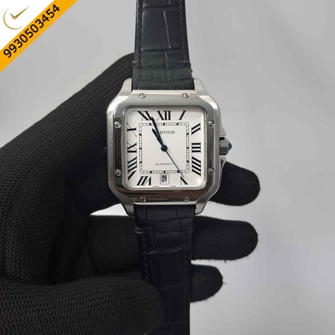 Cartier Santos De Silver White Dial Black Leather Strap Swiss Automatic Watch