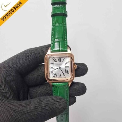 Cartier Santos Dumont Small White Dial Green Leather Strap Swiss Watch