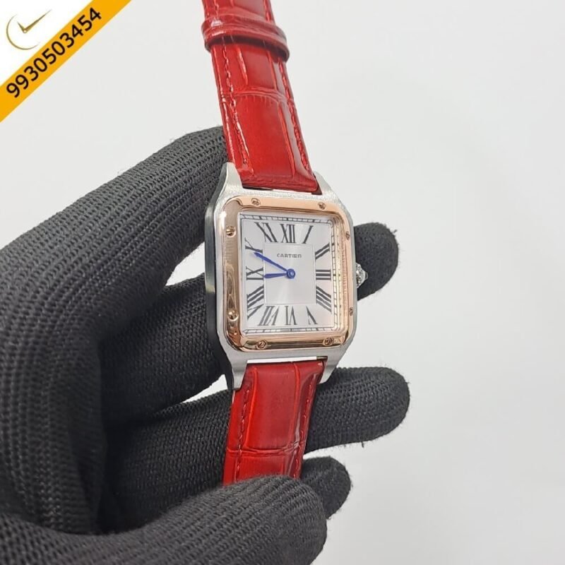Cartier Santos Dumont Small White Dial Red Leather Strap Swiss Watch - Image 3