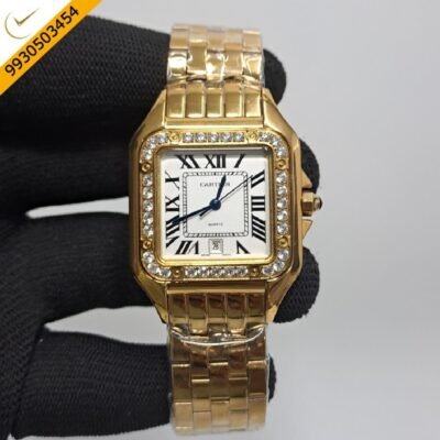 Cartier Santos Full Gold Diamond Bazel White Dial Swiss Watch