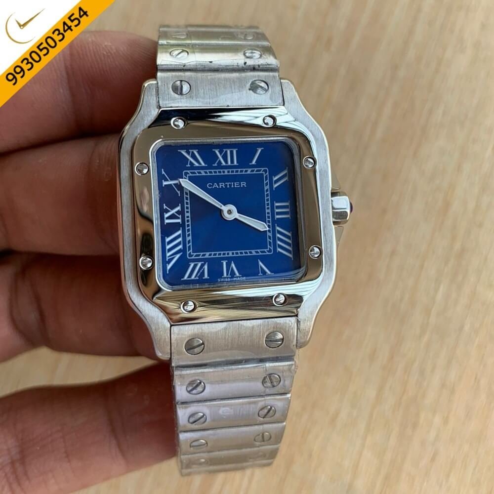Cartier Santos Silver Blue Dial Watch