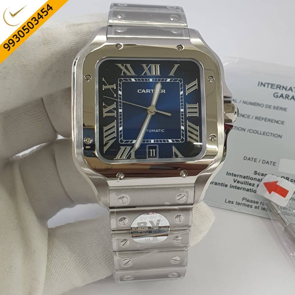 Cartier Santos Steel Silver Blue Dial Swiss ETA Calibre 1847 Movement Watch